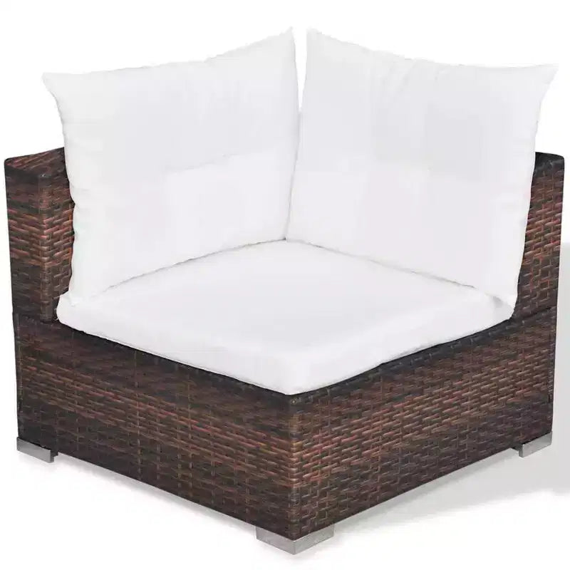vidaXL Salon de jardin 5 pièces en résine tressée, marron – Ensemble de canapés d'extérieur durable toutes saisons avec coussins, pouf et table basse