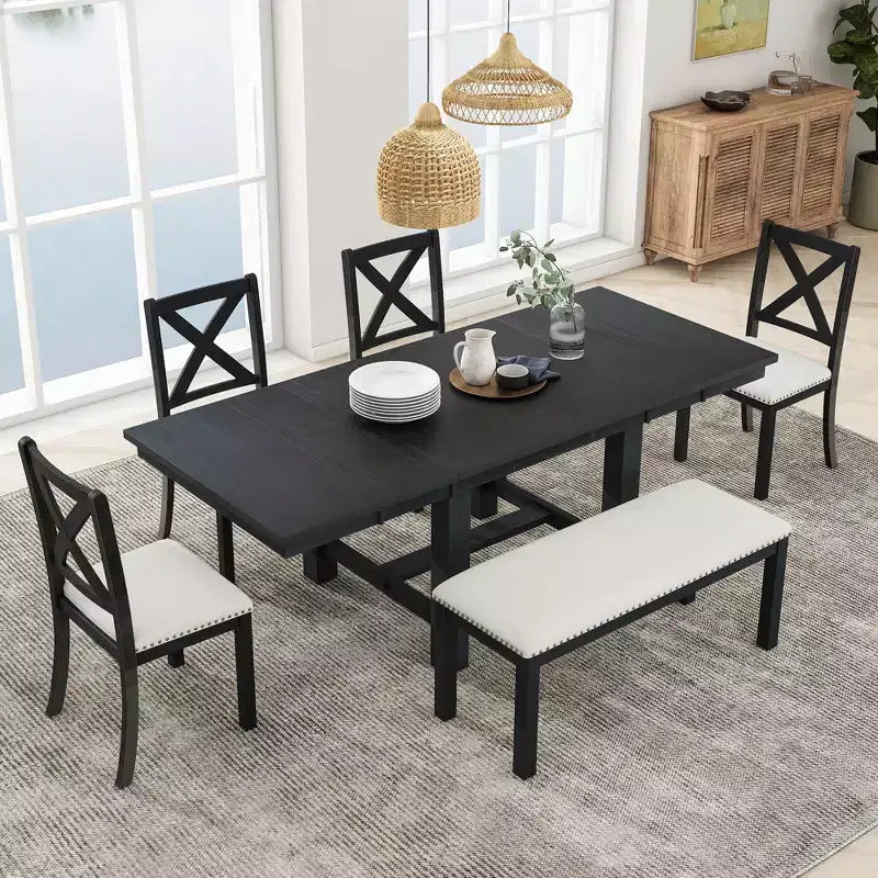 HABITRIO 6 Piece Extendable Dining Table Set for 6, Farmhouse Dining Set with 4 Upholstered Dining Chairs, Bench & 2 Removable Leaves, Natural/Black