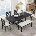 HABITRIO 6 Piece Extendable Dining Table Set for 6, Farmhouse Dining Set with 4 Upholstered Dining Chairs, Bench & 2 Removable Leaves, Natural/Black