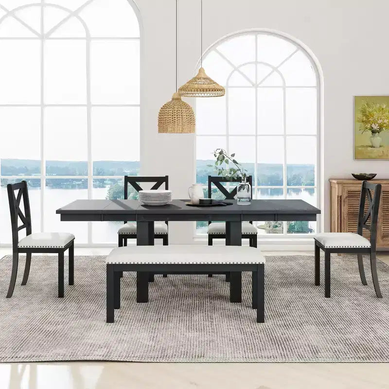HABITRIO Ensemble de 6 pièces de table à manger extensible pour 6 personnes, ensemble de salle à manger de style ferme avec 4 chaises de salle à manger rembourrées, un banc et 2 rallonges amovibles, naturel/noir