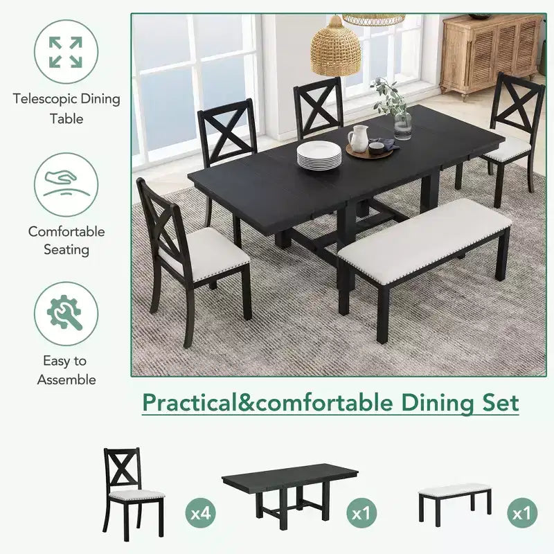 HABITRIO Ensemble de 6 pièces de table à manger extensible pour 6 personnes, ensemble de salle à manger de style ferme avec 4 chaises de salle à manger rembourrées, un banc et 2 rallonges amovibles, naturel/noir