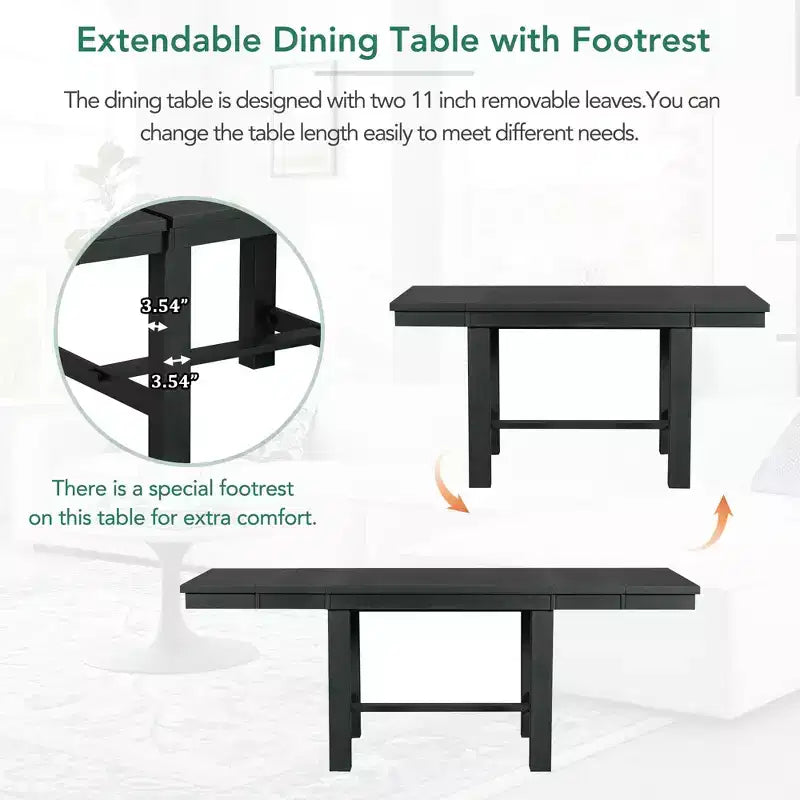 HABITRIO Ensemble de 6 pièces de table à manger extensible pour 6 personnes, ensemble de salle à manger de style ferme avec 4 chaises de salle à manger rembourrées, un banc et 2 rallonges amovibles, naturel/noir