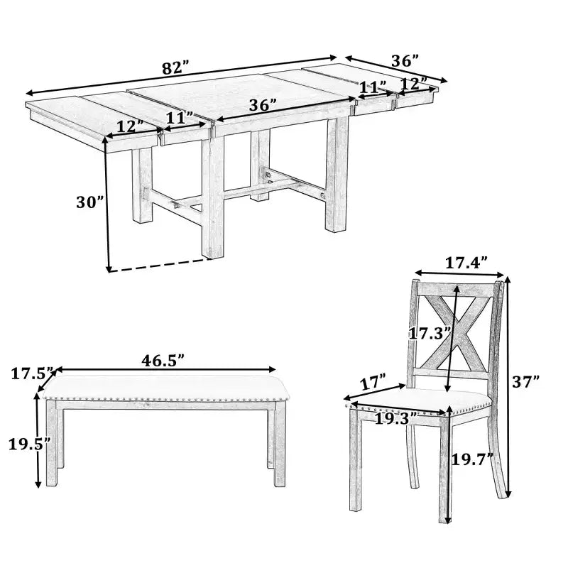 HABITRIO Ensemble de 6 pièces de table à manger extensible pour 6 personnes, ensemble de salle à manger de style ferme avec 4 chaises de salle à manger rembourrées, un banc et 2 rallonges amovibles, naturel/noir