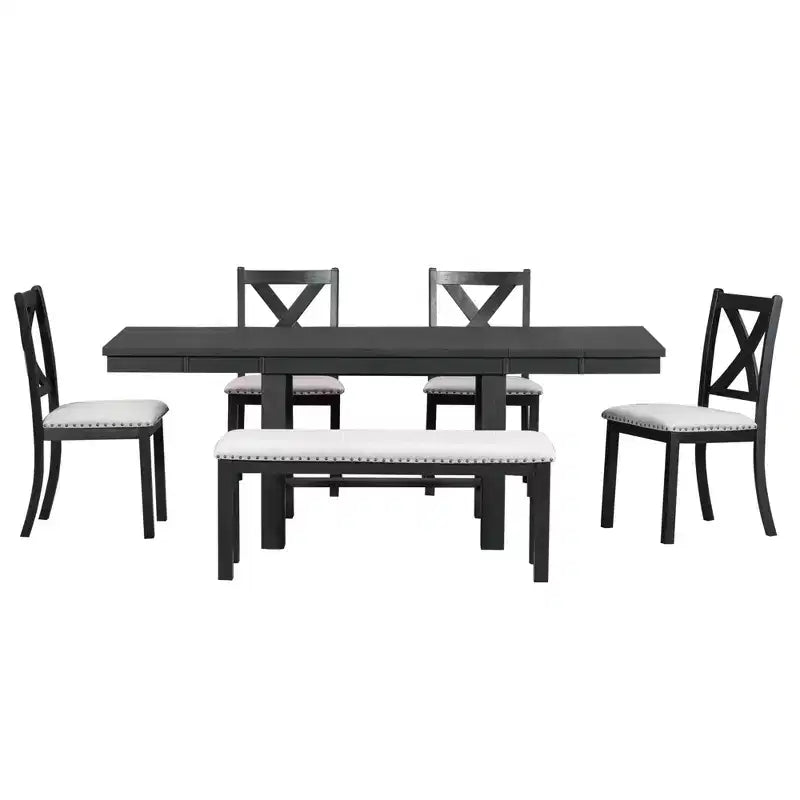 HABITRIO Ensemble de 6 pièces de table à manger extensible pour 6 personnes, ensemble de salle à manger de style ferme avec 4 chaises de salle à manger rembourrées, un banc et 2 rallonges amovibles, naturel/noir