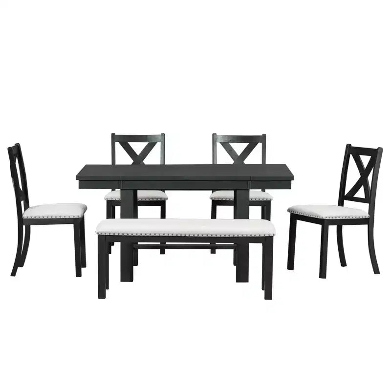HABITRIO Ensemble de 6 pièces de table à manger extensible pour 6 personnes, ensemble de salle à manger de style ferme avec 4 chaises de salle à manger rembourrées, un banc et 2 rallonges amovibles, naturel/noir