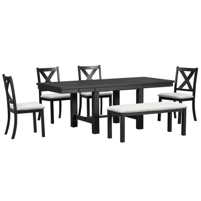 HABITRIO Ensemble de 6 pièces de table à manger extensible pour 6 personnes, ensemble de salle à manger de style ferme avec 4 chaises de salle à manger rembourrées, un banc et 2 rallonges amovibles, naturel/noir