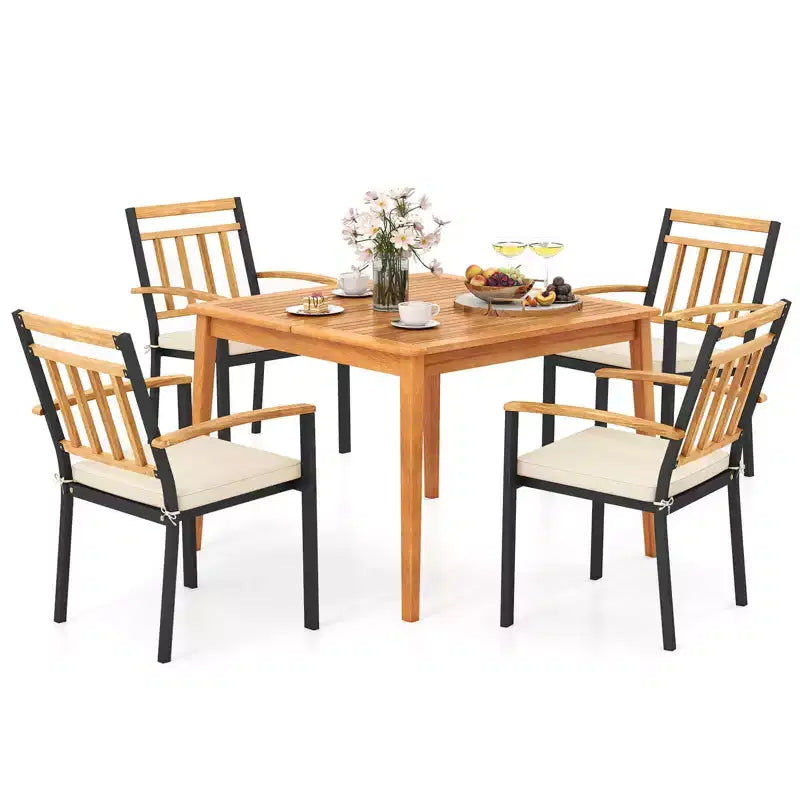 Costway Ensemble de salle à manger 5 pièces en bois d'acacia pour patio avec coussins moelleux et trou pour parasol