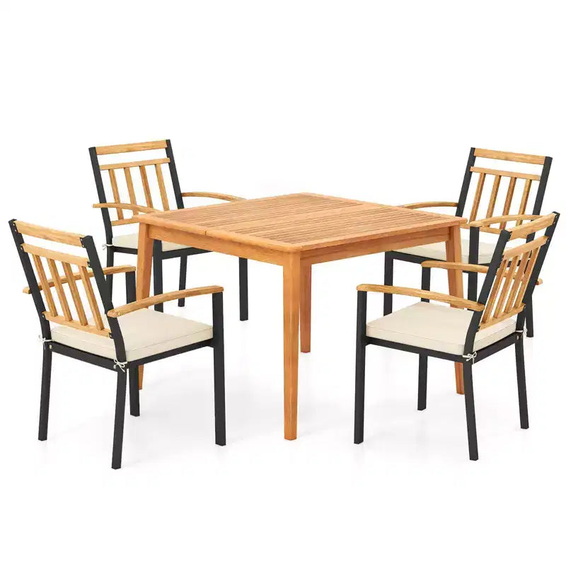 Costway Ensemble de salle à manger 5 pièces en bois d'acacia pour patio avec coussins moelleux et trou pour parasol