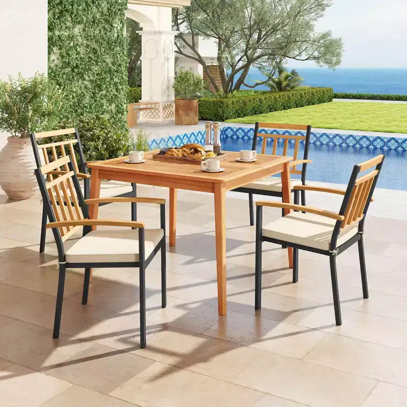 Costway Ensemble de salle à manger 5 pièces en bois d'acacia pour patio avec coussins moelleux et trou pour parasol