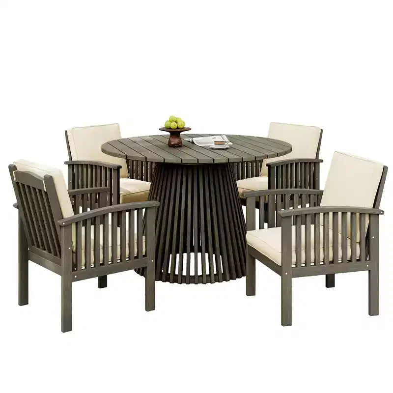 NAYSAYE Patio Chaise Lounges Outdoor Acacia Wood Club Chair Set with Dining Table for Garden Patio Deck, Cream and Gray, 47.25*47.25*29.75