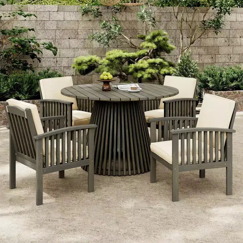 Ensemble de chaises longues de patio NAYSAYE avec table à manger pour jardin, terrasse et patio, bois d'acacia, crème et gris, 120 x 120 x 75,5 cm