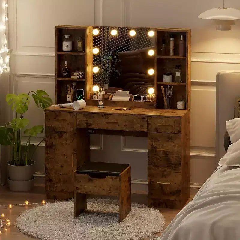 Coiffeuse de ferme Acekool avec miroir, bureau de maquillage de 142 cm avec station de charge, éclairage réglable, étagères de rangement et tabouret pour chambre à coucher