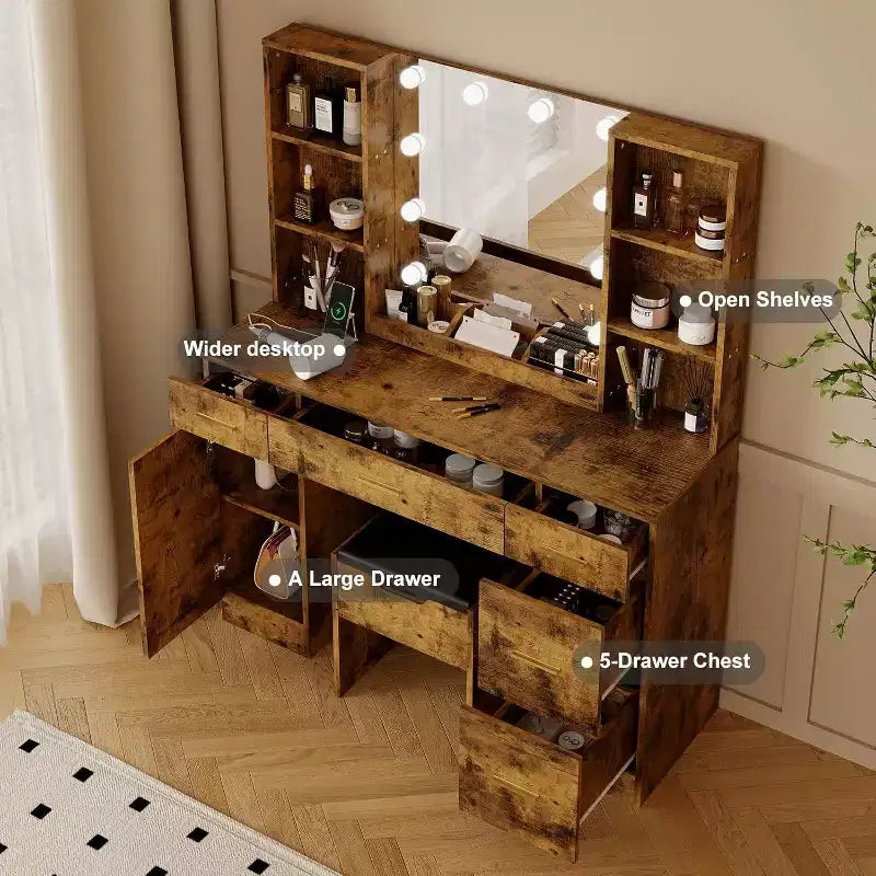 Coiffeuse de ferme Acekool avec miroir, bureau de maquillage de 142 cm avec station de charge, éclairage réglable, étagères de rangement et tabouret pour chambre à coucher