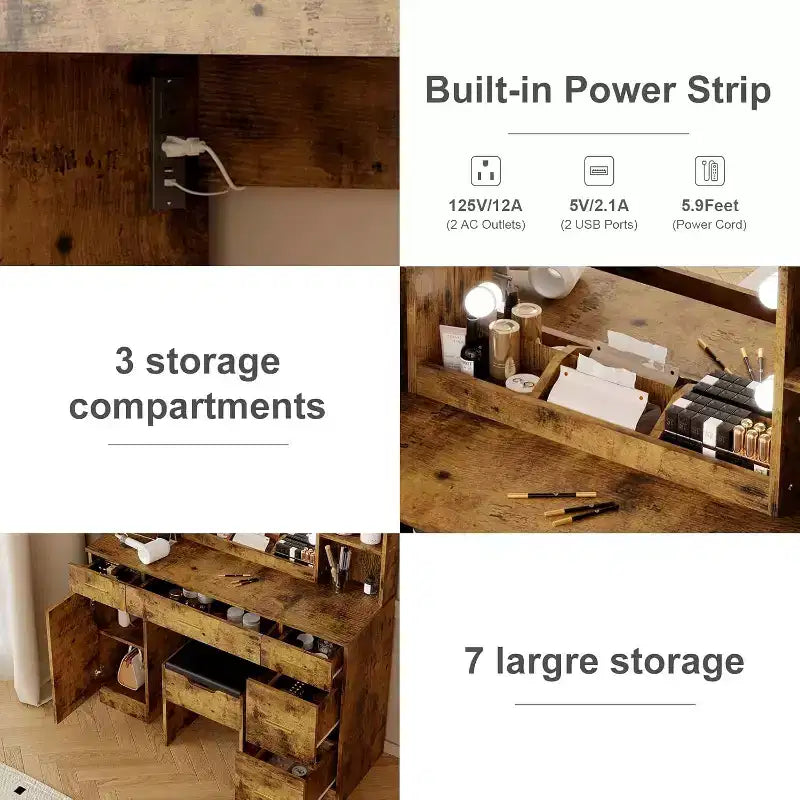 Coiffeuse de ferme Acekool avec miroir, bureau de maquillage de 142 cm avec station de charge, éclairage réglable, étagères de rangement et tabouret pour chambre à coucher