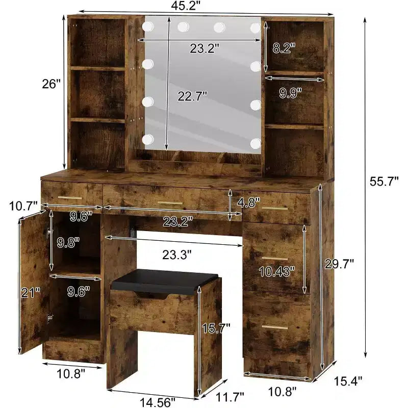 Coiffeuse de ferme Acekool avec miroir, bureau de maquillage de 142 cm avec station de charge, éclairage réglable, étagères de rangement et tabouret pour chambre à coucher