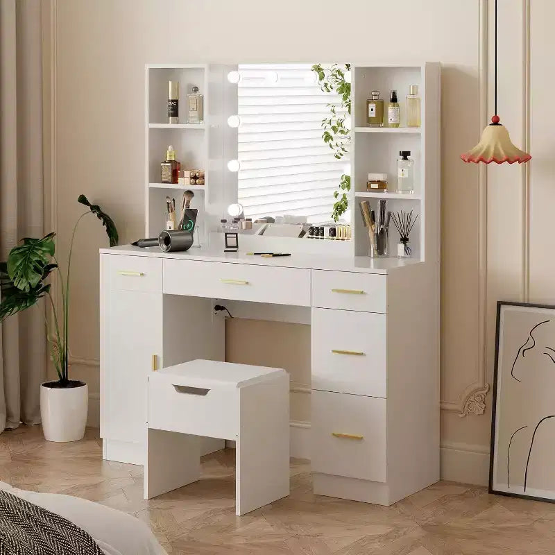 Coiffeuse de ferme Acekool avec miroir, bureau de maquillage de 142 cm avec station de charge, éclairage réglable, étagères de rangement et tabouret pour chambre à coucher