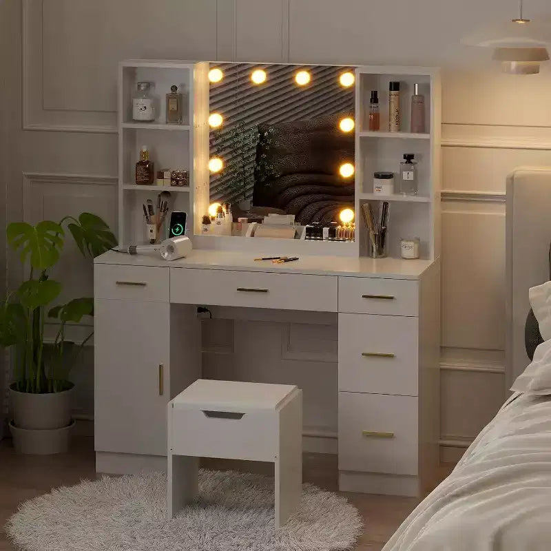 Coiffeuse de ferme Acekool avec miroir, bureau de maquillage de 142 cm avec station de charge, éclairage réglable, étagères de rangement et tabouret pour chambre à coucher