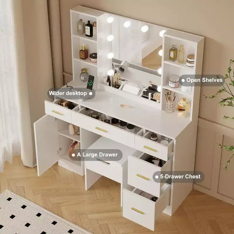 Coiffeuse de ferme Acekool avec miroir, bureau de maquillage de 142 cm avec station de charge, éclairage réglable, étagères de rangement et tabouret pour chambre à coucher