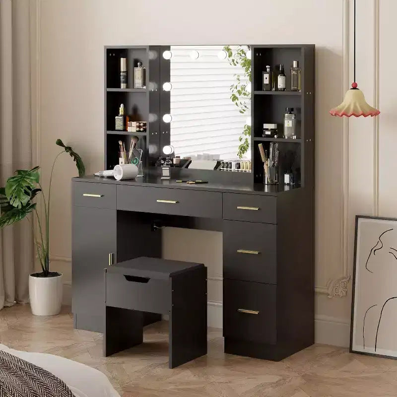 Coiffeuse de ferme Acekool avec miroir, bureau de maquillage de 142 cm avec station de charge, éclairage réglable, étagères de rangement et tabouret pour chambre à coucher