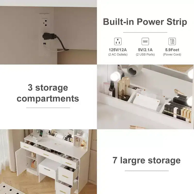 Coiffeuse de ferme Acekool avec miroir, bureau de maquillage de 142 cm avec station de charge, éclairage réglable, étagères de rangement et tabouret pour chambre à coucher