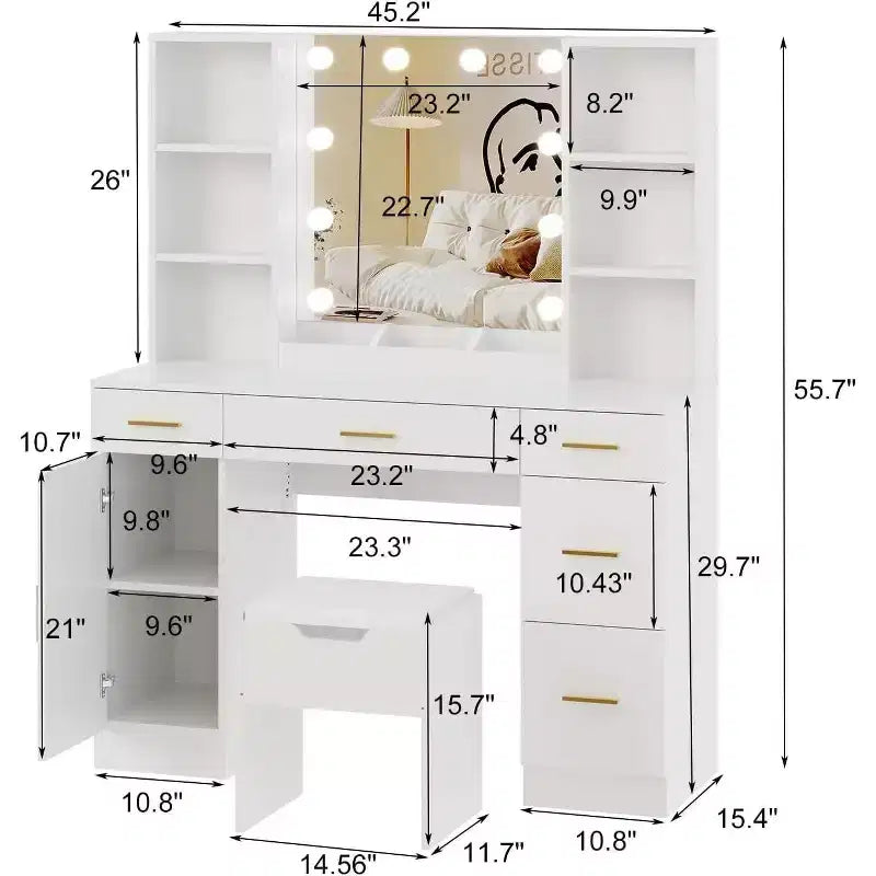 Coiffeuse de ferme Acekool avec miroir, bureau de maquillage de 142 cm avec station de charge, éclairage réglable, étagères de rangement et tabouret pour chambre à coucher