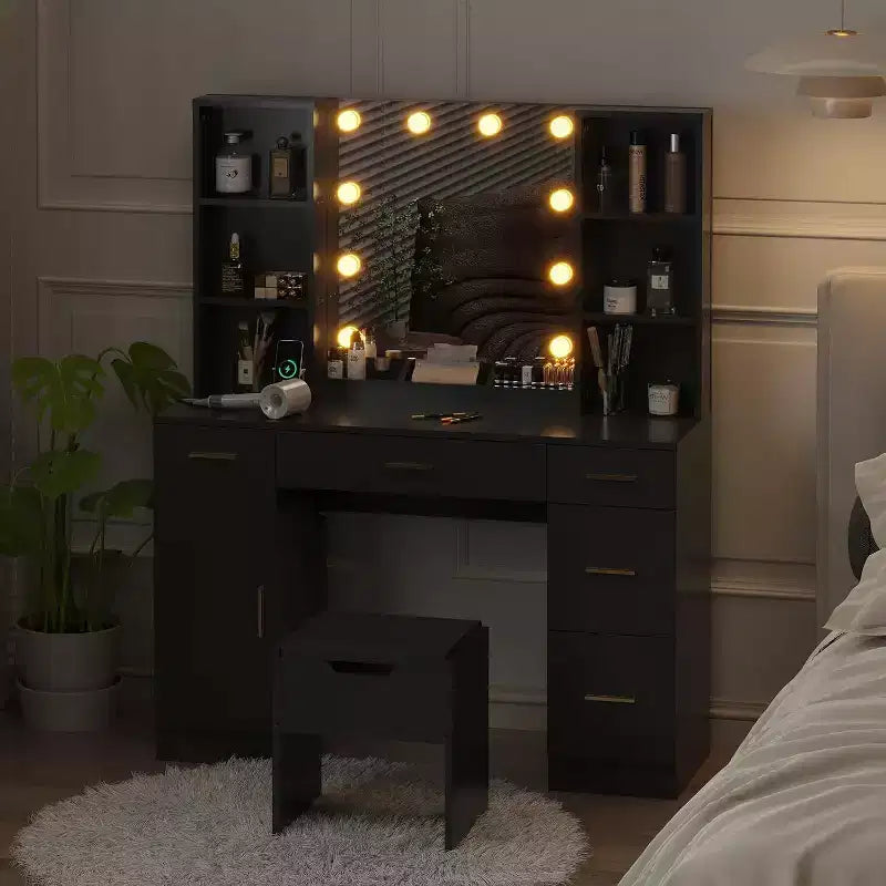 Coiffeuse de ferme Acekool avec miroir, bureau de maquillage de 142 cm avec station de charge, éclairage réglable, étagères de rangement et tabouret pour chambre à coucher