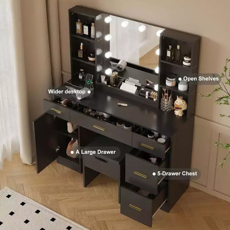 Coiffeuse de ferme Acekool avec miroir, bureau de maquillage de 142 cm avec station de charge, éclairage réglable, étagères de rangement et tabouret pour chambre à coucher