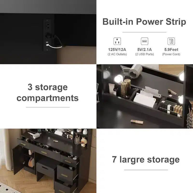 Coiffeuse de ferme Acekool avec miroir, bureau de maquillage de 142 cm avec station de charge, éclairage réglable, étagères de rangement et tabouret pour chambre à coucher