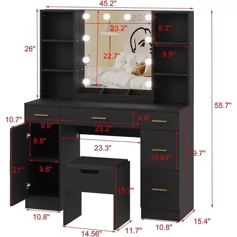 Coiffeuse de ferme Acekool avec miroir, bureau de maquillage de 142 cm avec station de charge, éclairage réglable, étagères de rangement et tabouret pour chambre à coucher