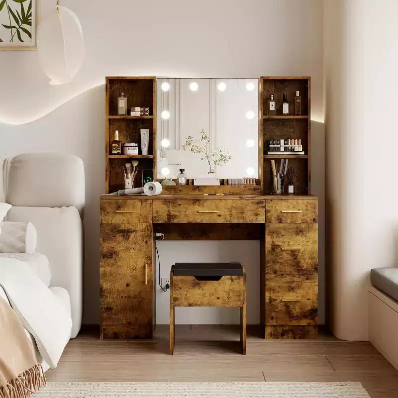 Coiffeuse de ferme Acekool avec miroir, bureau de maquillage de 142 cm avec station de charge, éclairage réglable, étagères de rangement et tabouret pour chambre à coucher