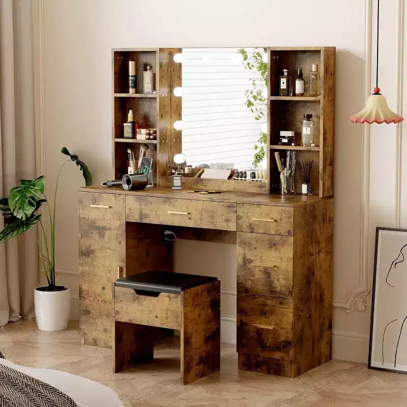 Coiffeuse de ferme Acekool avec miroir, bureau de maquillage de 142 cm avec station de charge, éclairage réglable, étagères de rangement et tabouret pour chambre à coucher