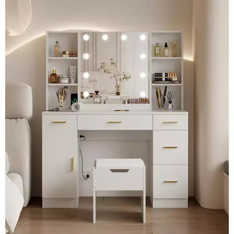 Coiffeuse de ferme Acekool avec miroir, bureau de maquillage de 142 cm avec station de charge, éclairage réglable, étagères de rangement et tabouret pour chambre à coucher