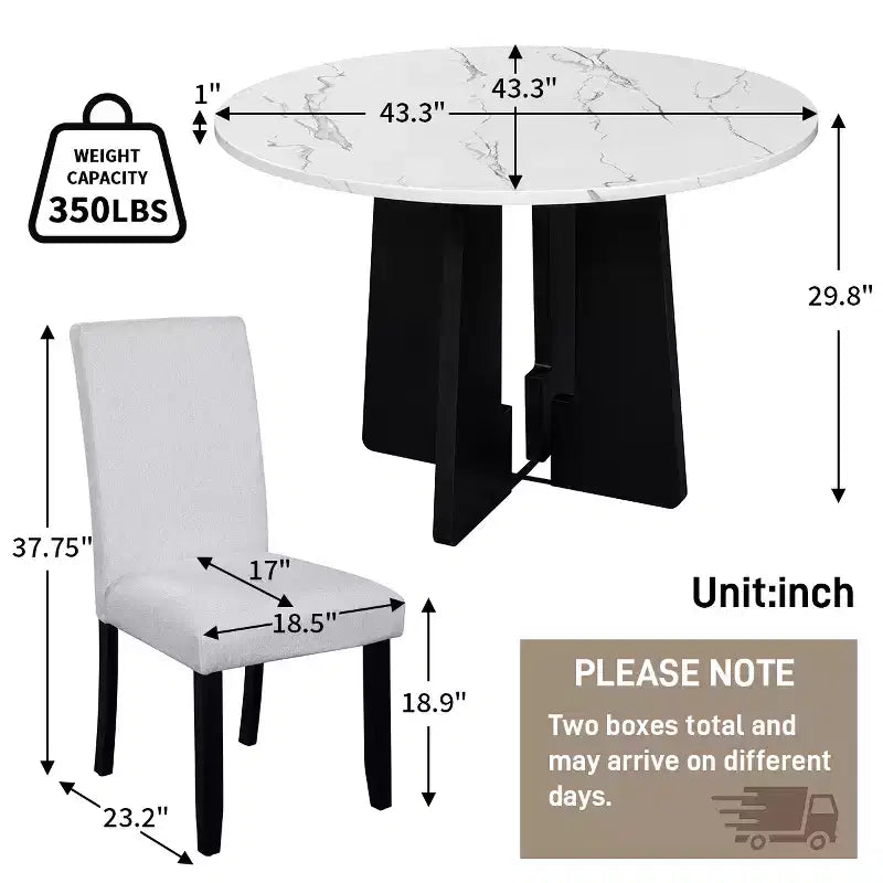 Ensemble table à manger ronde 5 pièces pour 4 personnes, table à manger moderne en marbre et 4 chaises rembourrées à dossier haut