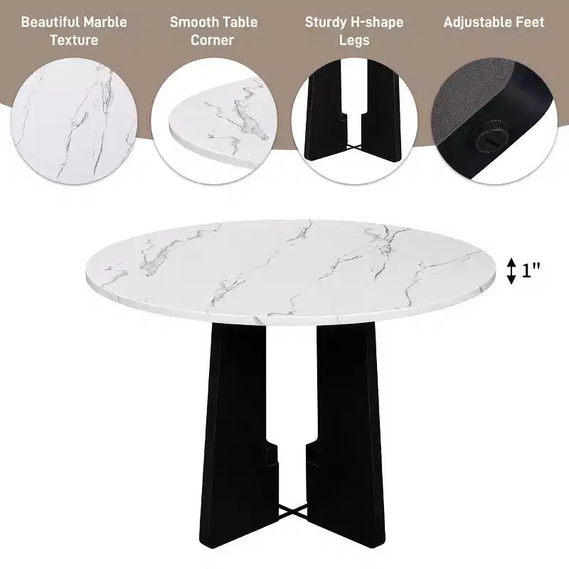 Ensemble table à manger ronde 5 pièces pour 4 personnes, table à manger moderne en marbre et 4 chaises rembourrées à dossier haut