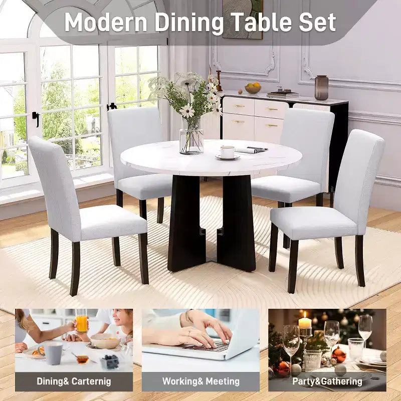Ensemble table à manger ronde 5 pièces pour 4 personnes, table à manger moderne en marbre et 4 chaises rembourrées à dossier haut