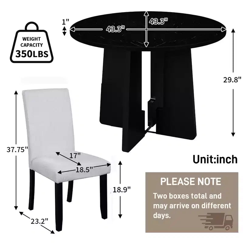 Ensemble table à manger ronde 5 pièces pour 4 personnes, table à manger moderne en marbre et 4 chaises rembourrées à dossier haut