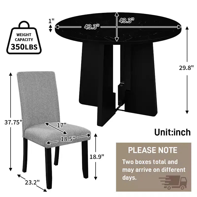 Ensemble table à manger ronde 5 pièces pour 4 personnes, table à manger moderne en marbre et 4 chaises rembourrées à dossier haut