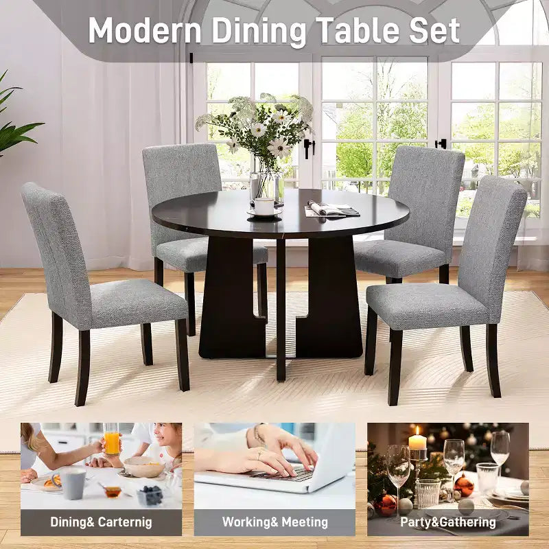 Ensemble table à manger ronde 5 pièces pour 4 personnes, table à manger moderne en marbre et 4 chaises rembourrées à dossier haut