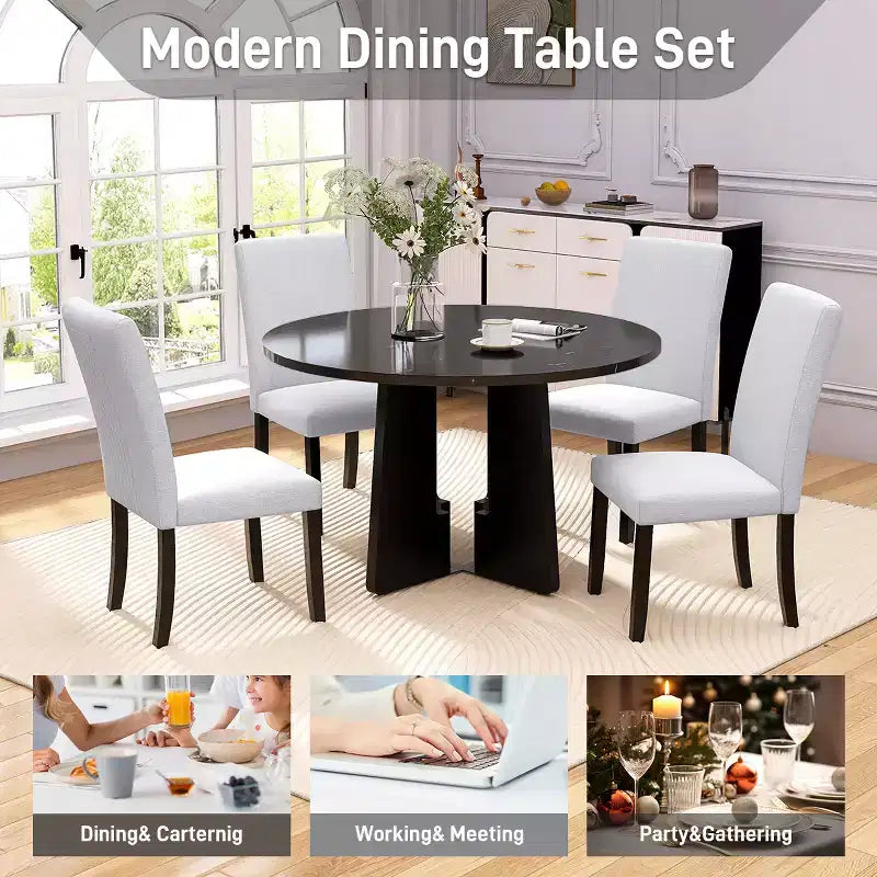 Ensemble table à manger ronde 5 pièces pour 4 personnes, table à manger moderne en marbre et 4 chaises rembourrées à dossier haut