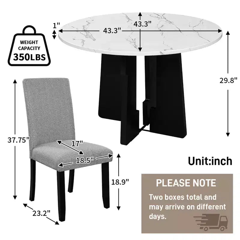 Ensemble table à manger ronde 5 pièces pour 4 personnes, table à manger moderne en marbre et 4 chaises rembourrées à dossier haut