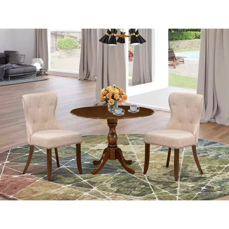 HomeStock Belmont 3 Piece Dining Table Set, 1 Drop Leaves Table and 2 Light Tan Linen Fabric Dinning Chairs - Acacia Walnut Finish
