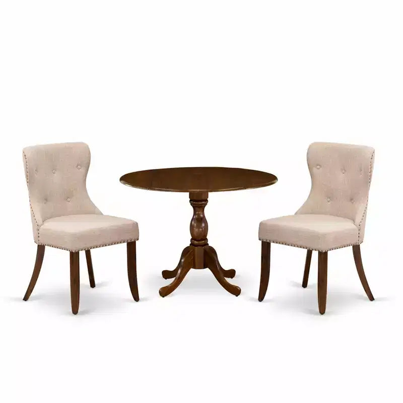 HomeStock Belmont, ensemble table de salle à manger 3 pièces, 1 table à rallonges et 2 chaises de salle à manger en tissu de lin couleur sable clair - Finition noyer acacia