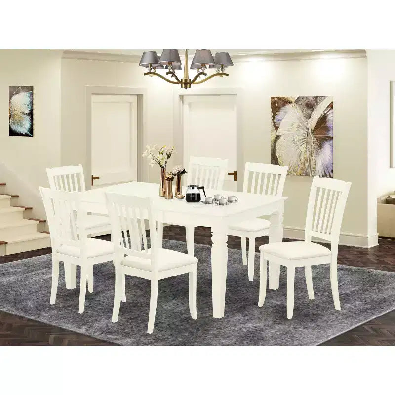 HomeStock Belmont 7Pc Dinette Set Includes a Rectangular Kitchen Table , Butterfly Leaf , Six Vertical Slatted Linen Seat Dining Chairs, White Finish