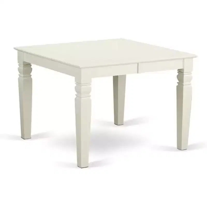 HomeStock Belmont Ensemble de salle à manger 7 pièces comprenant une table de cuisine rectangulaire, une rallonge papillon, six chaises de salle à manger à lattes verticales avec sièges en lin, finition blanche.