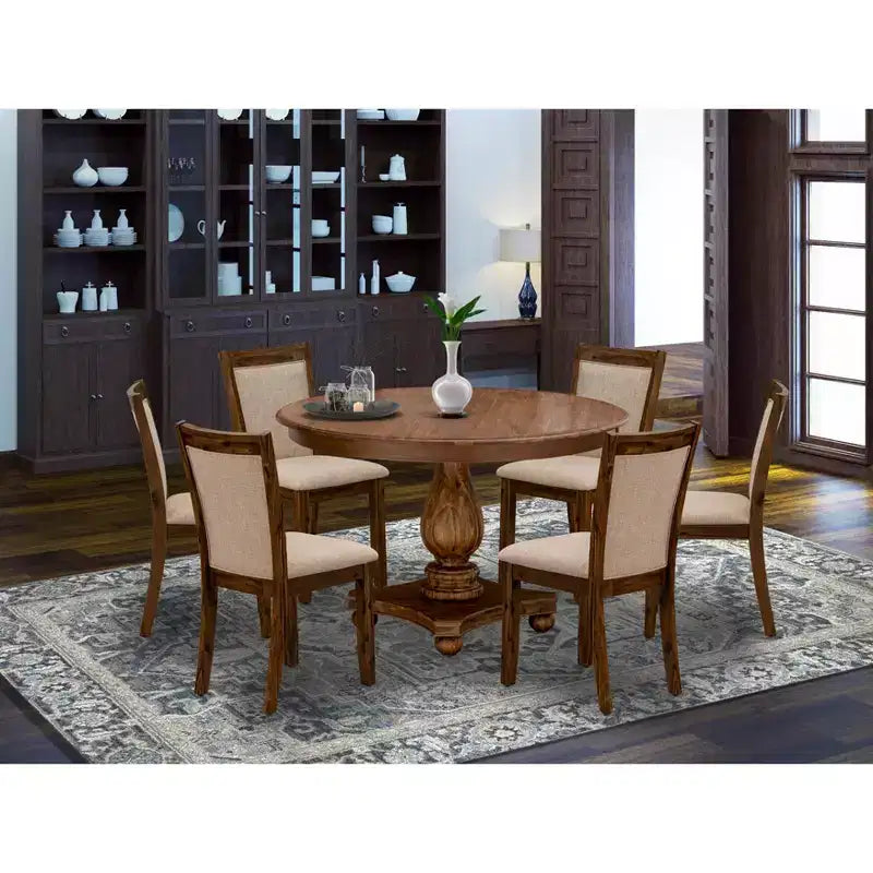 Ensemble de salle à manger moderne 7 pièces HomeStock Belmont – Table à piédestal en bois et 6 chaises de salle à manger Parsons à haut dossier couleur beige clair – Finition noyer antique