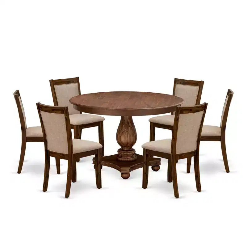 Ensemble de salle à manger moderne 7 pièces HomeStock Belmont – Table à piédestal en bois et 6 chaises de salle à manger Parsons à haut dossier couleur beige clair – Finition noyer antique