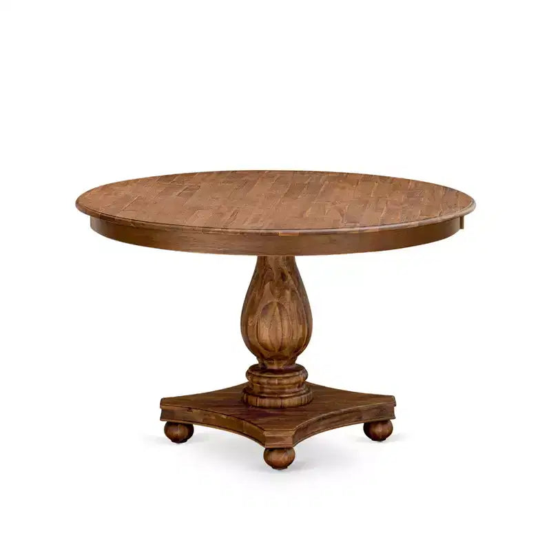 Ensemble de salle à manger moderne 7 pièces HomeStock Belmont – Table à piédestal en bois et 6 chaises de salle à manger Parsons à haut dossier couleur beige clair – Finition noyer antique