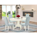 HomeStock Belmont 5 Piece Dining Table Set -Oval Dining Room Table , Butterfly Leaf , 4 Baby Blue Linen Fabric Parsons Chairs, 42x60 Inch, Linen White