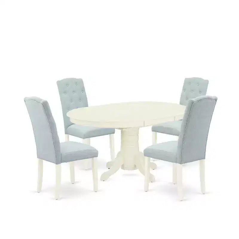 HomeStock Belmont Ensemble de salle à manger 5 pièces - Table de salle à manger ovale, rallonge papillon, 4 chaises Parsons en tissu de lin bleu layette, 42x60 pouces, blanc lin