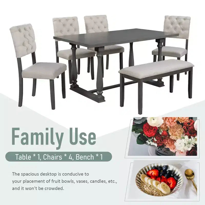 Ensemble de salle à manger 6 places avec banc, table rectangulaire et 4 chaises rembourrées pour la cuisine